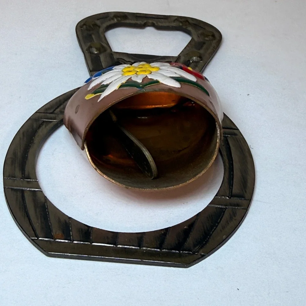 Vintage‎ Alpine Souvenir Bottle Opener with Hand Painted Edelweiss Cowbell Metal